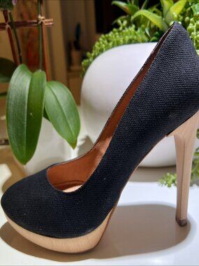 Joie Black Canvas Wooden Heel Platform Pumps 4" Heel Sz 7